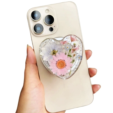 Supporto Per Telefono A Forma Di Cuore Con Veri Fiori Essiccati Resina Epossidica Trasparente Griptok Telescopico