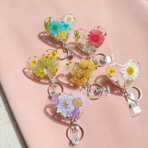 Heart Shaped Retractable Badge Reel With Real Dried Flowers Gold Foil Resin ID Name Card Holder Nurse Office