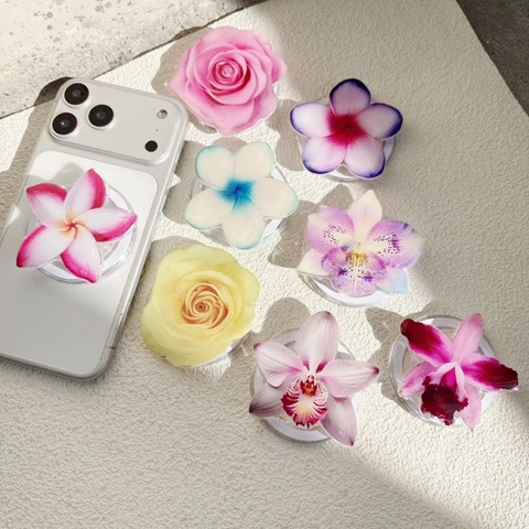 Support De Téléphone Fleur Acrylique Poignée Prise Pliable Extensible Orchidée Rose Forme Accessoire Smartphone Décoratif