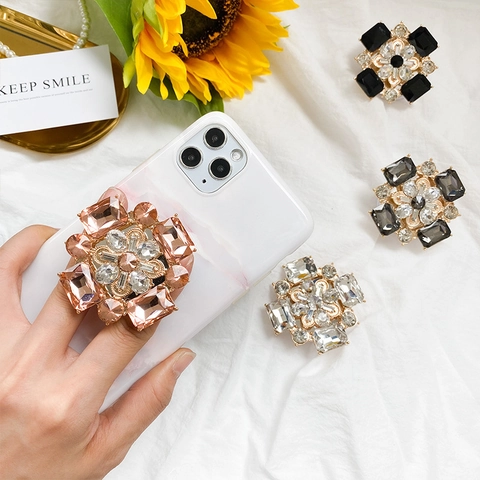Support Téléphone Airbag Strass Luxe Forme X Cristal Gemme Pliable Adhésif Support Bureau Universel Fleur Brillante