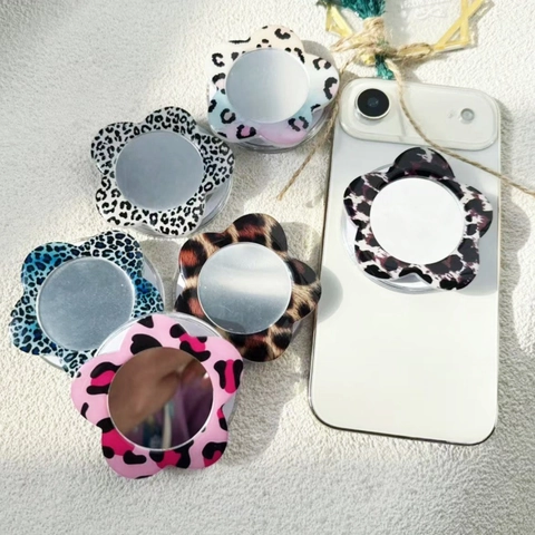 Flower Shape Leopard Print Magnetic Phone Holder With Makeup Mirror Acrylic Detachable Foldable Griptok For Women
