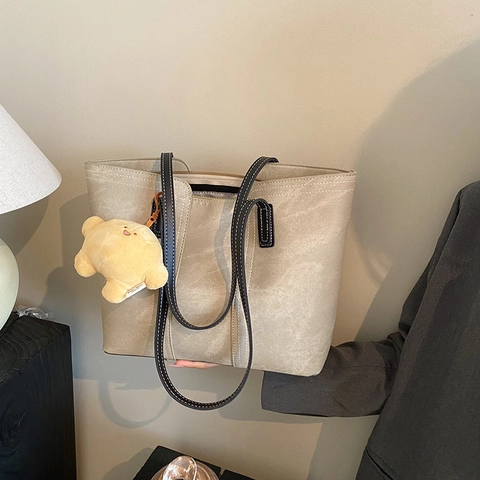 Borsa Tote Grande Capacità Pelle PU Trama Denim Borsa A Tracolla Cuciture A Contrasto Pendolare Quotidiano Donne Con Ciondolo