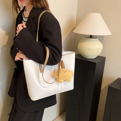 Borsa Tote Grande Capacità Pelle PU Trama Denim Borsa A Tracolla Cuciture A Contrasto Pendolare Quotidiano Donne Con Ciondolo