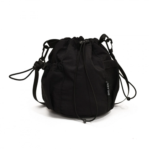 Women Nylon Drawstring Bucket Bag Casual Crossbody Shoulder Purse Lightweight Fashion Solid Color Mesh Side Pocket