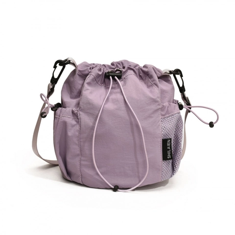 Women Nylon Drawstring Bucket Bag Casual Crossbody Shoulder Purse Lightweight Fashion Solid Color Mesh Side Pocket
