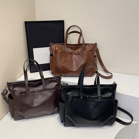 Grand Sac Cabas Cuir PU Texture Grainée Style Vintage Navette Sac À Main Épaule Bandoulière Avec Poignée