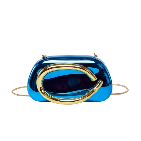 Acrylic Evening Clutch Bag With Metallic Mirror Finish Round Handle Chain Strap Fashion Box Purse For Women