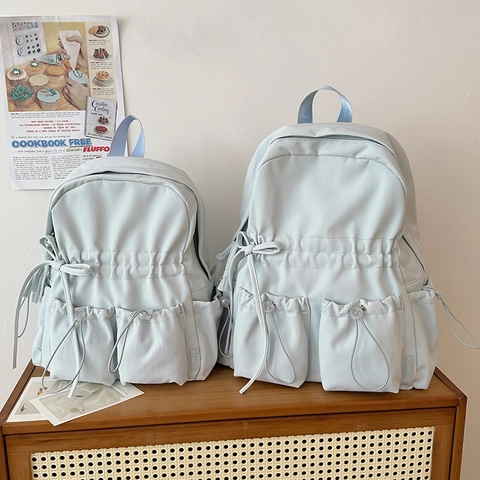 Mochila De Nylon Para Mujer Moda Gran Capacidad Bolsa Escolar Lazo Cordón Multi Bolsillo Estilo Japonés Para Niñas