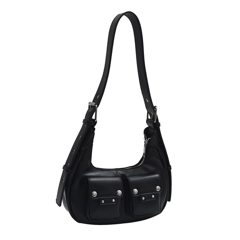 Women PU Leather Underarm Shoulder Bag Multi Pocket Cargo Moto Style Rivet Adjustable Strap Hobo Handbag Streetwear Y2K