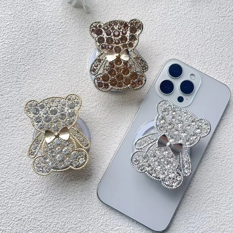 Supporto Magnetico Orso Strass Supporto Impugnatura Pieghevole Lega Di Zinco Compatibile Ricarica Magnetica