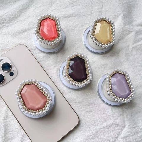 Magnetic Phone Grip Stand Resin Gemstone Rhinestone Artificial Pearl Folding Telescopic Elegant Accessory For Magnetic Phone Case