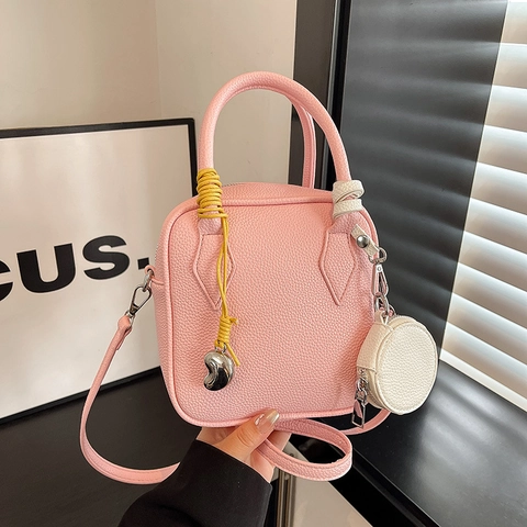 Dames PU Leer Crossbody Tas Lychee Textuur Vierkante Handtas Met Mini Ronde Buidel Trendy Urban Eenvoudige Stijl Portemonnee