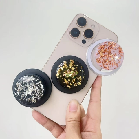 Supporto Magnetico Per Telefono Rotondo Foglia Oro Glitter Resina Supporto Scrivania Retrattile Per Smartphones Accessorio