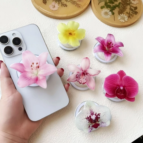 Supporto Per Telefono Fiore 3D Impugnatura Magnetica Acrilico Pieghevole Scrivania Giglio Orchidea Floreale Elegante
