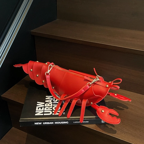 Novelty Lobster Shape Crossbody Bag PU Leather Gold Studded Fashion Animal Shoulder Purse For Women Casual Party