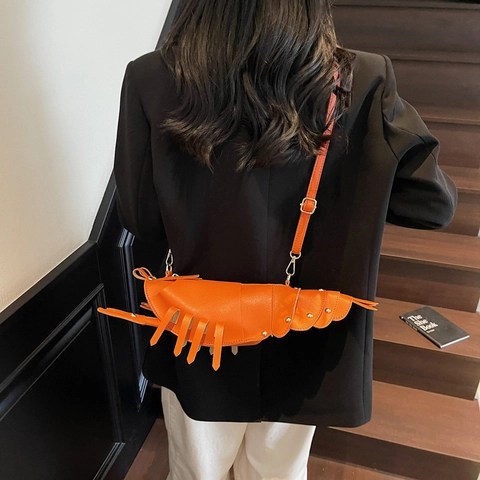 Novelty Lobster Shape Crossbody Bag PU Leather Gold Studded Fashion Animal Shoulder Purse For Women Casual Party