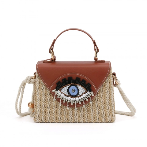 Bolso Bandolera De Paja Evil Eye Mujer Bolso De Hombro Tejido Con Solapa De Cuero PU Bordado Perlas Borla Playa Verano