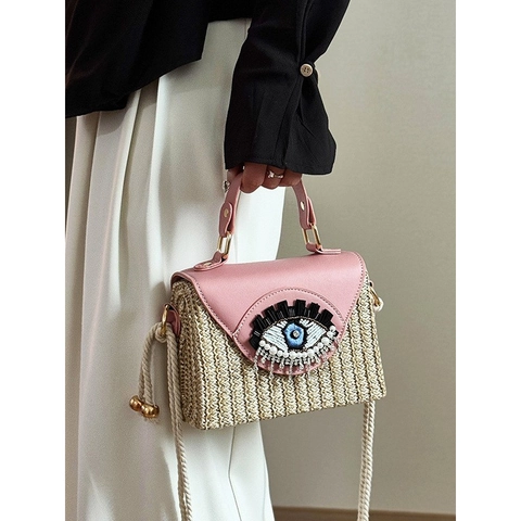 Bolso Bandolera De Paja Evil Eye Mujer Bolso De Hombro Tejido Con Solapa De Cuero PU Bordado Perlas Borla Playa Verano