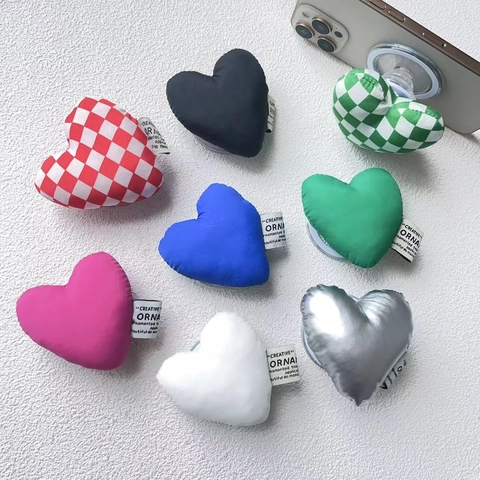 Support Téléphone Magnétique En Tissu Rembourré Forme De Cœur Motif À Carreaux Souple Puffy Support Smartphone