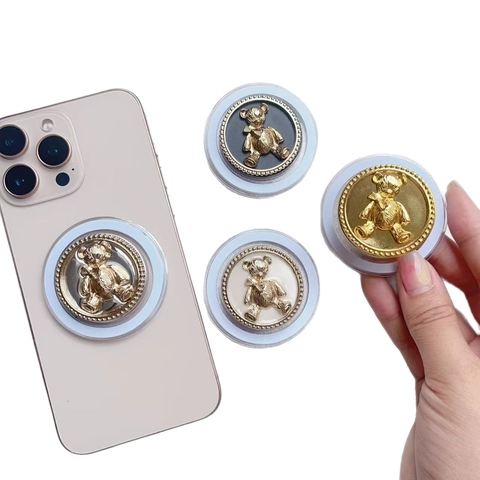 Magnetic Phone Grip Stand Zinc Alloy ABS Resin 3D Relief Bear Folding Retractable Air Cushion Luxury Wireless Compatible
