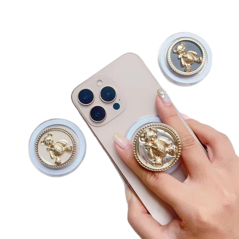 Magnetic Phone Grip Stand Zinc Alloy ABS Resin 3D Relief Bear Folding Retractable Air Cushion Luxury Wireless Compatible