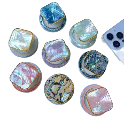 Magnetic Phone Holder Grip Natural Mother Of Artificial Pearl Shell Texture Retractable Folding Stand Universal Socket Gold Border