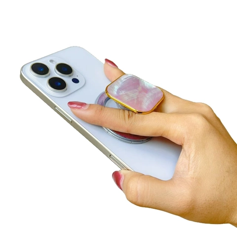Magnetic Phone Holder Grip Natural Mother Of Artificial Pearl Shell Texture Retractable Folding Stand Universal Socket Gold Border