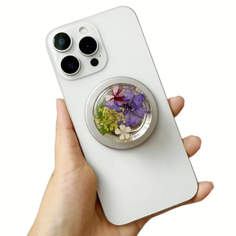 Magnetic Phone Socket Grip Stand With Real Dried Flowers Resin Floral Electroplated Silver Round Expanding Holder