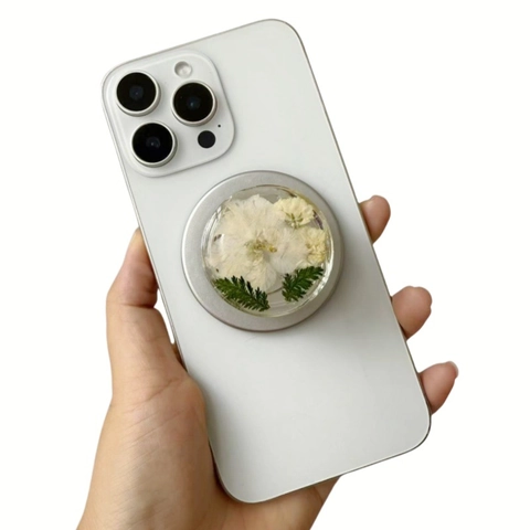 Magnetic Phone Socket Grip Stand With Real Dried Flowers Resin Floral Electroplated Silver Round Expanding Holder