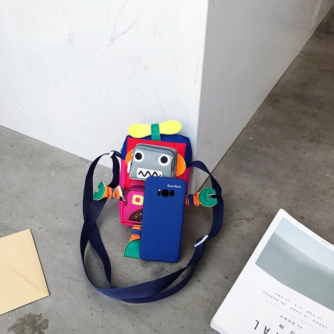 Borsa A Tracolla Per Bambini Forma Robot Nylon Patchwork Cartone Animato Pochette Per Ragazzi Ragazze Piccolo Messaggero
