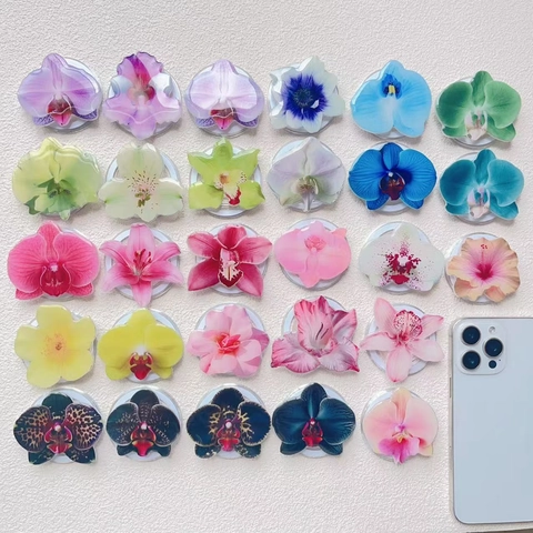 Flower Magnetic Phone Grip Holder Acrylic Orchid Plumeria Collapsible Universal Desktop Stand Smart Phone Decorative Accessory