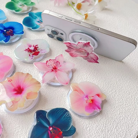 Flower Magnetic Phone Grip Holder Acrylic Orchid Plumeria Collapsible Universal Desktop Stand Smart Phone Decorative Accessory