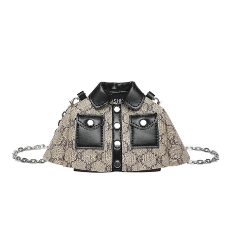 Kreative Jackenförmige Kette Umhängetasche PU Leder Monogramm Druck Vintage Miniatur Kleidung Design Crossbody Bag Damen