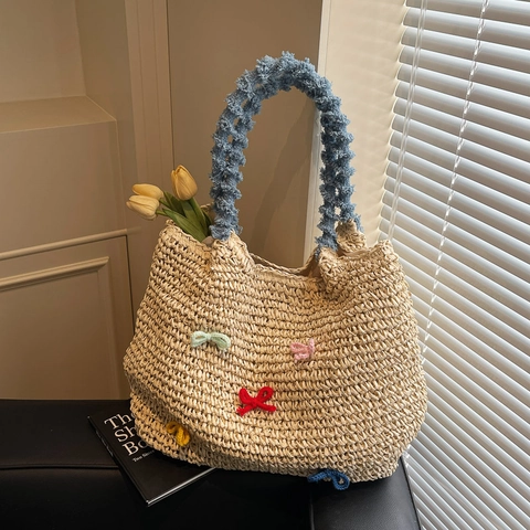 Straw Woven Tote Bag Multicolor Crochet Bows Blue Plush Shoulder Strap Large Capacity Casual Vacation Style For Women