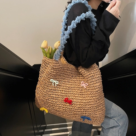 Straw Woven Tote Bag Multicolor Crochet Bows Blue Plush Shoulder Strap Large Capacity Casual Vacation Style For Women