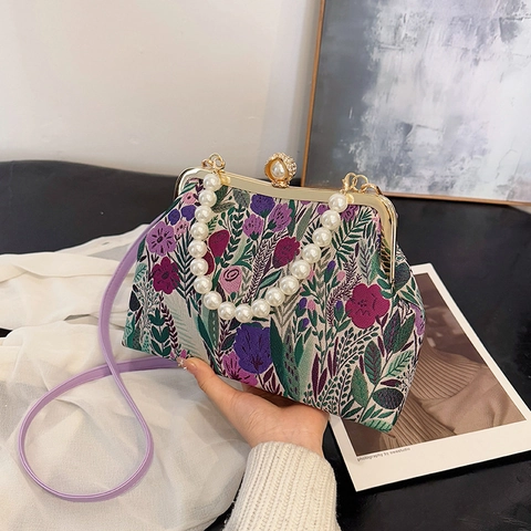 Sac À Fermoir Kiss Lock Broderie Florale Rétro Avec Poignée En Künstliche Perles Sac À Bandoulière Jacquard Vintage Femme
