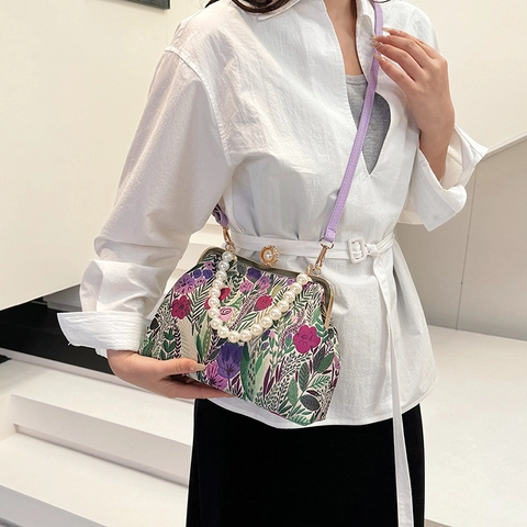 Borsa Kiss Lock Con Ricamo Floreale Retrò Manico In Künstliche Perle Borsa A Tracolla Jacquard Vintage Per Donna Elegante
