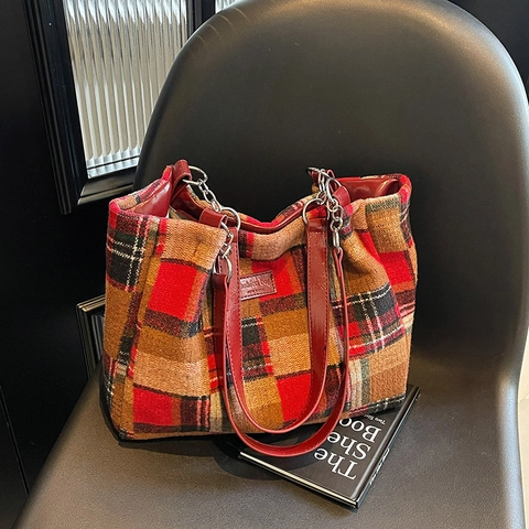 Borsa Tote A Quadri Scozzesi In Tessuto Tweed Grande Capacità Borsa A Spalla Vintage Da Donna Casual