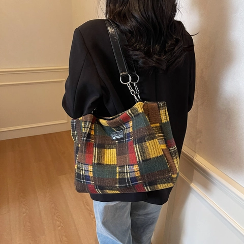 Borsa Tote A Quadri Scozzesi In Tessuto Tweed Grande Capacità Borsa A Spalla Vintage Da Donna Casual