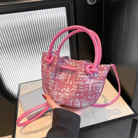 Woven PU Leather Bucket Bag Women Handbag Casual Crossbody Shoulder Bag With Drawstring Knot Handles Minimalist Korean