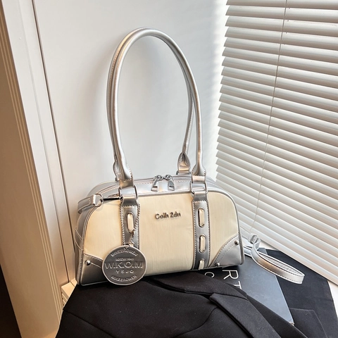 Bolso Boston Mujer Cuero PU Color Contraste Dije Metálico Viaje Retro Bolso De Axila Hombro Mano Estilo Moderno Tendencia