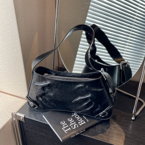 Sac Baguette Sous L'aisselle En Cuir PU Gaufrage Flamme 3D Style Punk Y2K Métallique Brillant Tendance Femmes