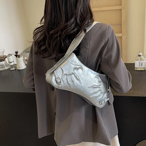 Sac Baguette Sous L'aisselle En Cuir PU Gaufrage Flamme 3D Style Punk Y2K Métallique Brillant Tendance Femmes