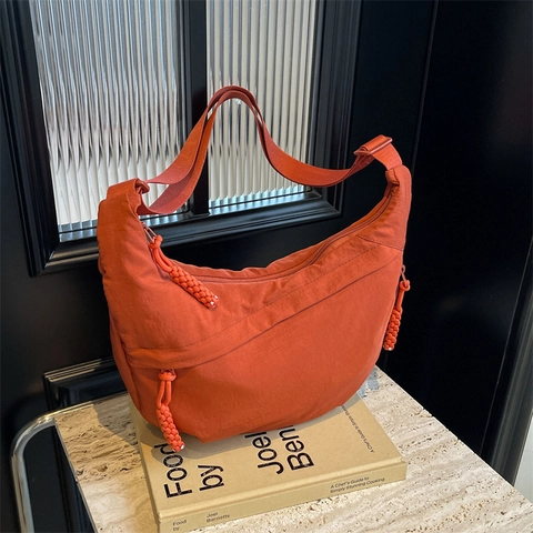 Nylon Dumpling Shoulder Bag Half Moon Crossbody With Braided Zipper Pull Adjustable Strap Large Capacity Casual Women