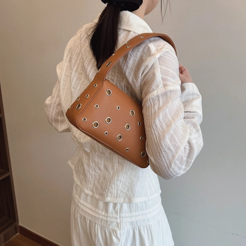 Women Underarm Bag Chic PU Leather Litchi Texture Metal Grommet Shoulder Purse Casual Small Square Handbag