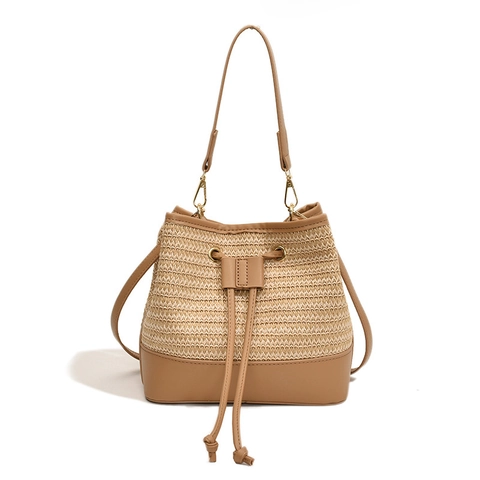 Straw Woven Bucket Bag PU Leather Trim Drawstring Closure Summer Beach Vacation Handheld Crossbody Shoulder Bag Women Casual