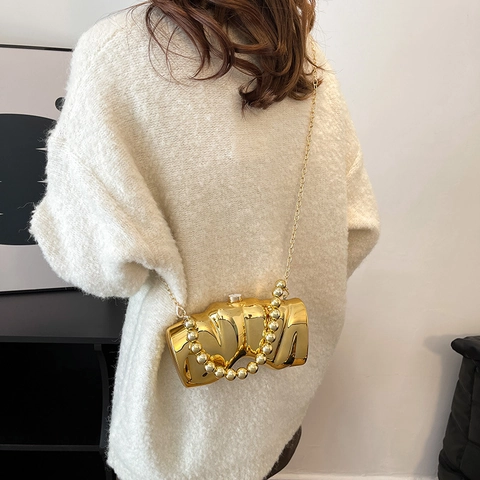 Bolso De Noche Clutch Diseño Ondulado Metal Líquido Irregular Acrílico Asa Perlas Artificiales Cadena Chic Moda Mujeres