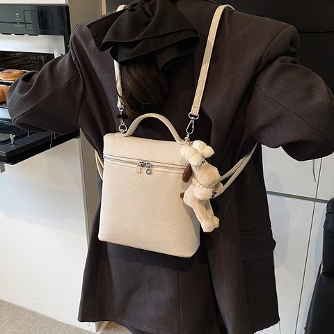 Mini Zaino Donna Moda Pelle PU Trama Litchi Quadrato Borsa A Mano Simpatico Ciondolo Cane Di Peluche Borsa A Tracolla