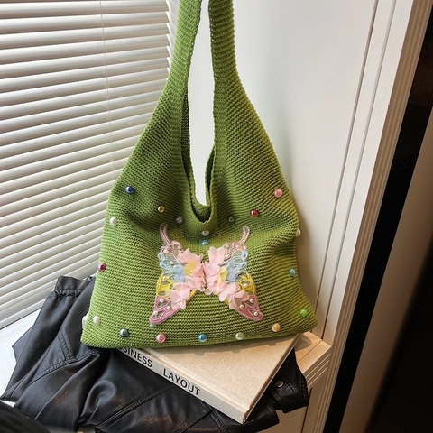 Women Knit Tote Bag Crochet Handbag With 3D Butterfly Applique And Colorful Artificial Pearls Handmade Style Sweet Casual Accessory