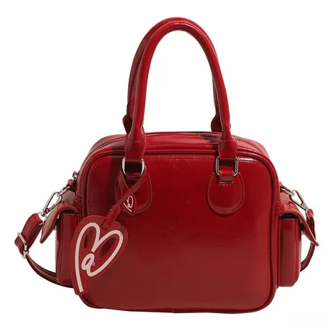 Women PU Leather Shoulder Bag Glossy Boston Handbag With Heart Pendant Side Pockets Large Capacity Crossbody Tote